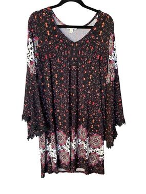 Prelude Bohemian Floral Mandala Border Print Swing Dress Large